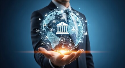 Businessman Holding Global Network with Banking Icon Representing International Finance and Digital Transactions in Modern Business
