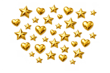 Golden stars and hearts floating, creating a festive background for celebration, love, and luxury design elements