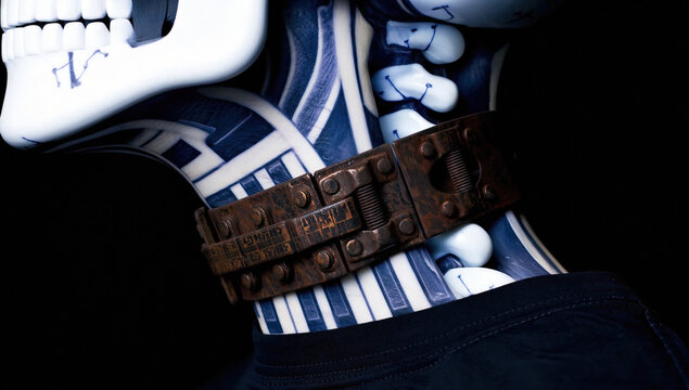 Close-up of Skeleton Tattoo with Rusty Belt and Dark Jeans