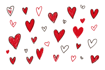 Hand drawn red and white hearts on transparent background for valentines day