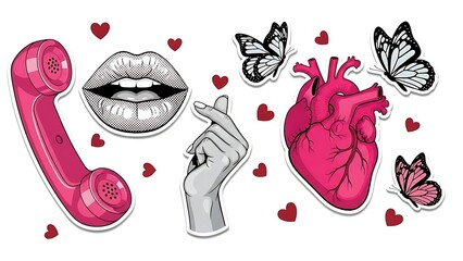 Vibrant Collection of Romantic and Expressive Icons with Hearts and Butterflies.