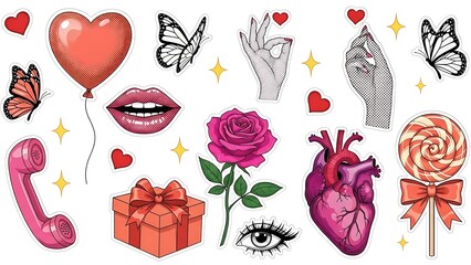 Vibrant Collection of Romantic and Whimsical Elements for Design.