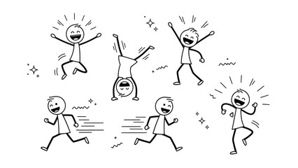 Group of happy and energetic stick figure children celebrating and playing in bright studio.