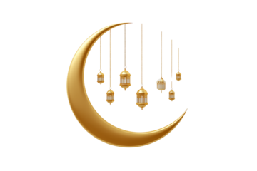 Golden crescent moon with hanging lanterns isolated on transparent background for ramadan