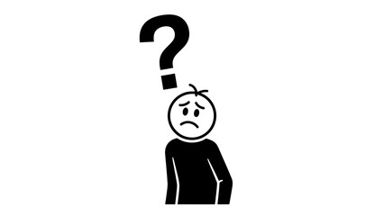 Sad Stick Figure Person Feeling Depressed with Question Mark Above Head, on Isolated White Background.