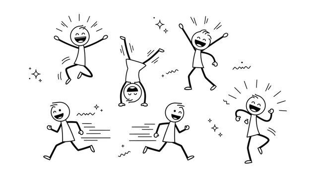 Group of happy and energetic stick figure children celebrating and playing in bright studio.