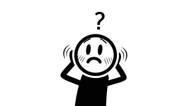 Stressed Stick Figure Person with Question Mark Above Head Feeling Anxious and Worried, on Isolated White Background.