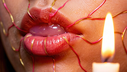 Fototapeta premium Close-up of lips with red and gold threads and a lit candle flame nearby