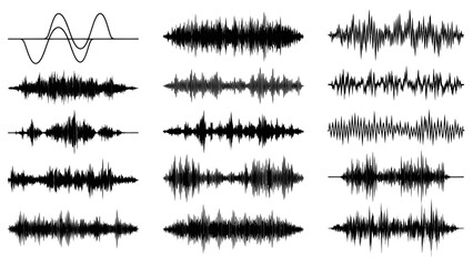 Various audio sound waveforms and frequencies displayed on an isolated white background, representing digital signal processing.
