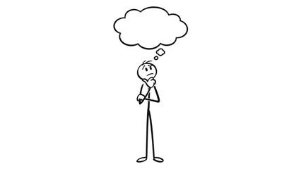 Stick figure person thinking with a cloud thought bubble above their head, contemplating a problem with a worried expression on isolated white background.