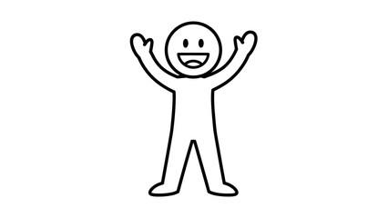 Happy stick figure celebrating with arms raised and a big smile, depicted as an outline, on isolated white background.