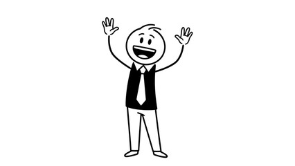 Happy stick figure man celebrating with arms raised and a big smile, conveying joy and success on an isolated white background.