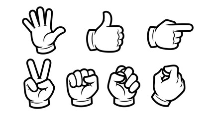 Fototapeta premium Collection of Bold Hand Gesture Icons Including Thumbs Up, Peace Sign, and Fist on Isolated White Background