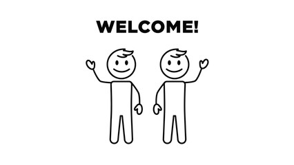 Two happy stick figure characters waving and smiling, depicting a friendly welcome on isolated white background.