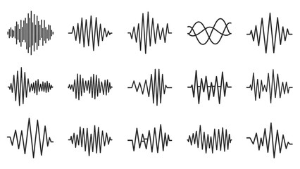 Collection of diverse sound wave and audio waveform illustrations on isolated white background.
