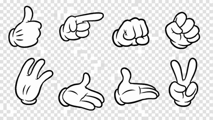 Set of cartoon hands in various gestures including thumbs up, pointing, fist, peace sign, on transparent background.