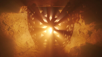 Old lantern with warm light rays in of old castle