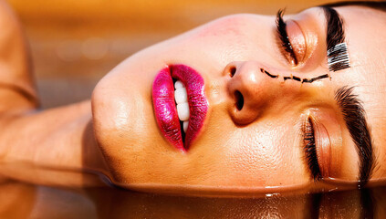Fototapeta premium Close-up of Woman's Face with Pink Lips and Glistening Skin in Water