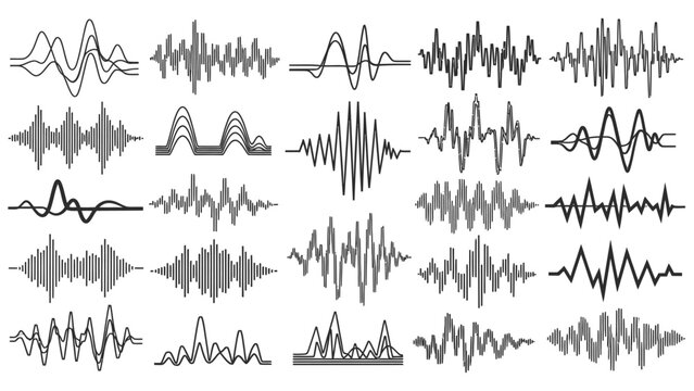 Collection of Sound Wave and Audio Equalizer Line Icons on a Bright Studio Background