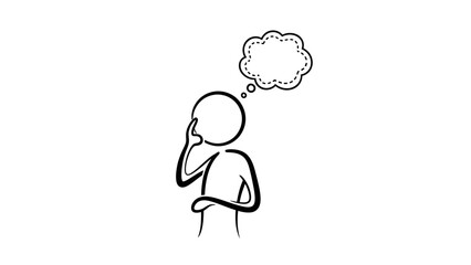 Obraz premium Stick Figure Sitting and Thinking with Worry or Sadness, Dotted Thought Bubble Above Head on Isolated White Background