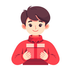 Smiling Boy in Red Sweater Presenting a Wrapped Gift Box