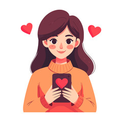 Smiling Woman Holding Smartphone with Red Heart, Symbolizing Online Love
