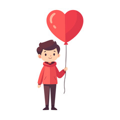 Cute Cartoon Boy Holding a Vibrant Red Heart Balloon, Symbolizing Love