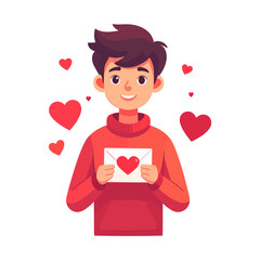Smiling Young Man in Red Sweater Holding a Love Letter with Hearts