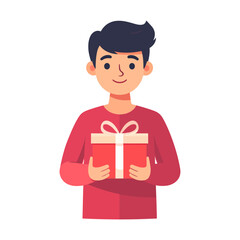 Happy Young Man Holding a Festive Red Gift Box with a White Ribbon, Smiling Brightly