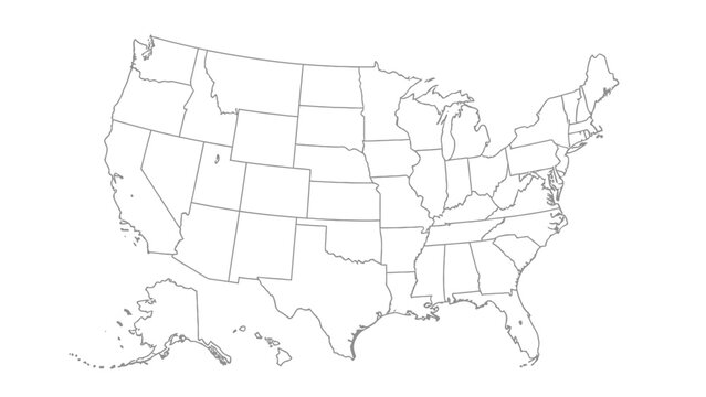 Detailed Outline Map of the United States of America with All State Borders Including Alaska and Hawaii on Isolated White Background