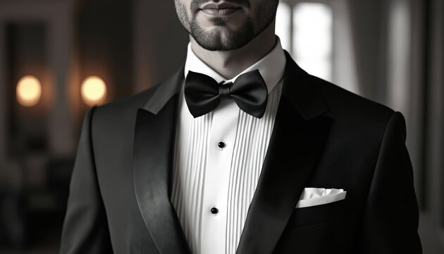 Bearded groom wears black elegant suit with bow tie. Stylish man in tuxedo poses. Confident gentleman read for luxury celebration party. Art portrait of young entrepreneur prepares for gala event.