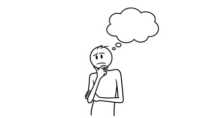 Stick Figure Man Thinking with Thought Bubble, Contemplative Mood, Isolated White Background