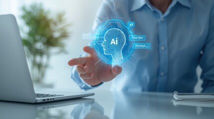 Man interacting with futuristic AI chatbot on laptop in modern office