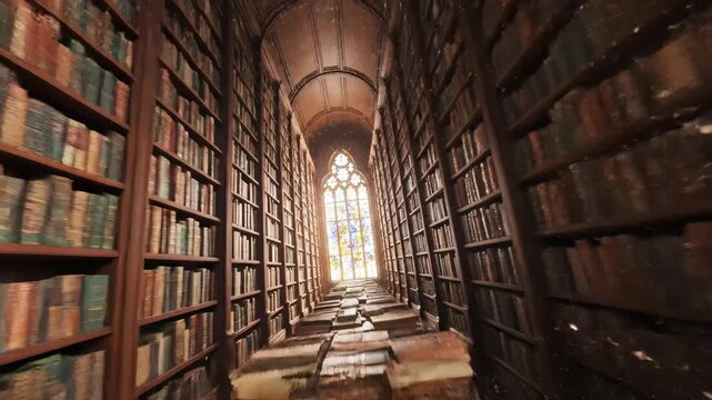 Ancient Library Flying Through Bookshelves 4K Video