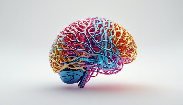 Futuristic 3D isometric digital brain representing artificial intelligence and neural network connections on white background