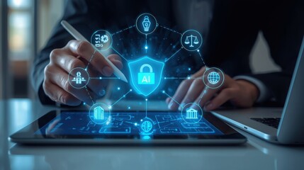 Businessman interacting with futuristic AI interface on tablet