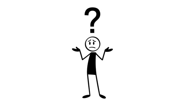 Stick figure man shrugging shoulders with sad expression, large question mark above head, conveying deep uncertainty, isolated white background.