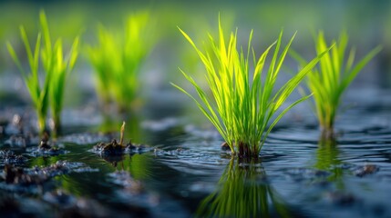 Obraz premium Young Green Rice Plants Growing in Fresh Water Under Bright Light in Lush Agricultural Landscape