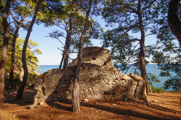 Hiking in Turkey: Lycian Way, coastal hike on the Turkish Riviera with beautiful views. Phaselis antique archaeological site in Turkey Kemer Antalya
