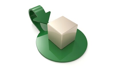 Glossy 3D arrow icon encircling a neutral beige cube on a circular green platform against a white background.