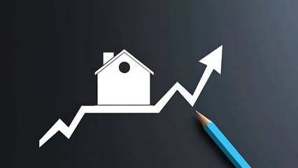 White house icon on a rising graph line being drawn by a blue pencil on a dark grey textured background, representing growth