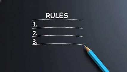 A blue pencil poised to write on a dark blackboard with the word RULES and numbered lines 1, 2, 3