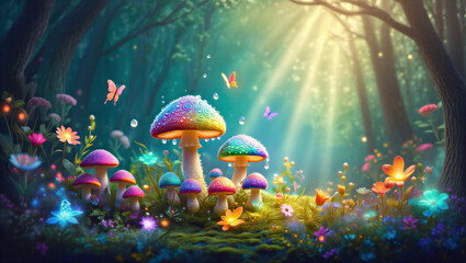A fantasy art depicting an enchanting forest scene with glowing, colorful mushrooms and butterflies