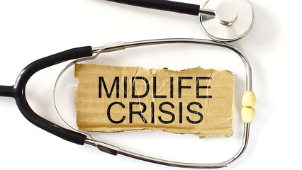 Medical stethoscope encircles torn cardboard sign with bold black text 'MIDLIFE CRISIS' on white background