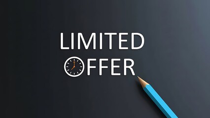 Limited offer text with clock icon and blue pencil on dark textured background, concept of time sensitive sales or promotions.