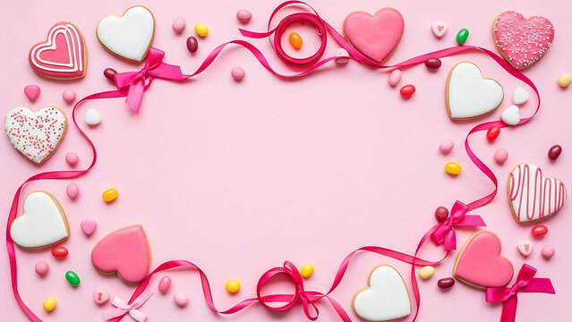 Valentine's day heart-shaped cookies and candy on pink background background banner template design illustration