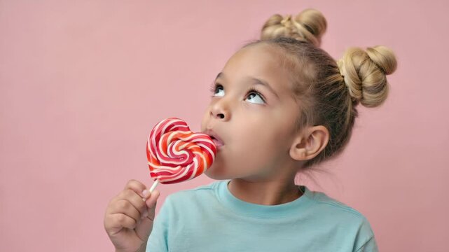 Adorable mixed race child with a fun hairstyle licking a large heart shaped lollipop. Sequence of a happy little girl enjoying a sweet candy treat on a pink studio background
