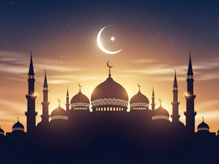 Silhouette of Mosque with Crescent Moon and Stars at Sunset