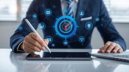 Businessman using digital tablet with futuristic interface in modern office