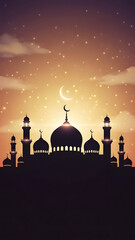 Silhouette of Mosque with Crescent Moons and Stars in Sky During Sunset